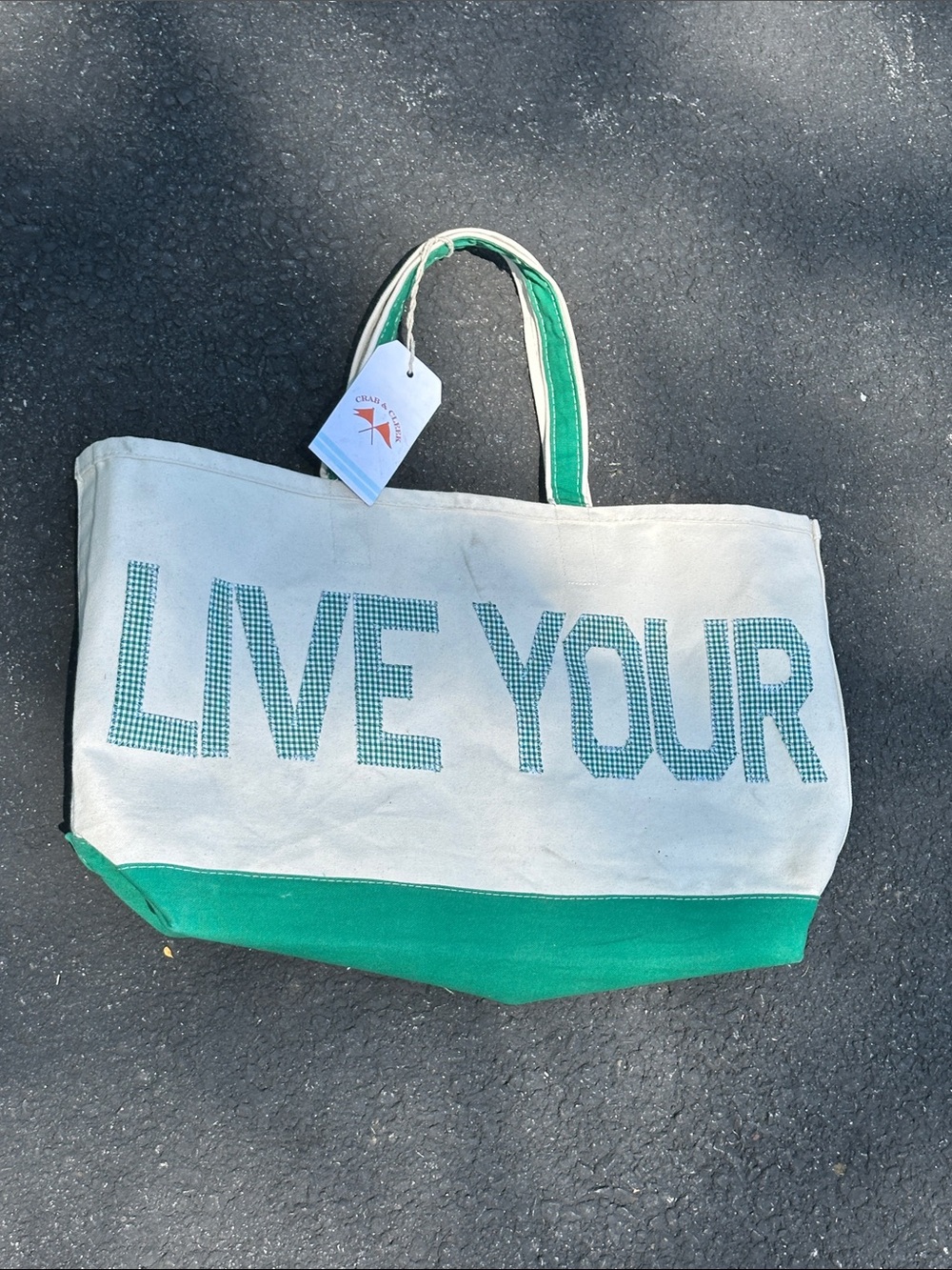 Crab and Cleek Canvas Tote Bag - 'LIVE YOUR BEST LIFE' Green & White